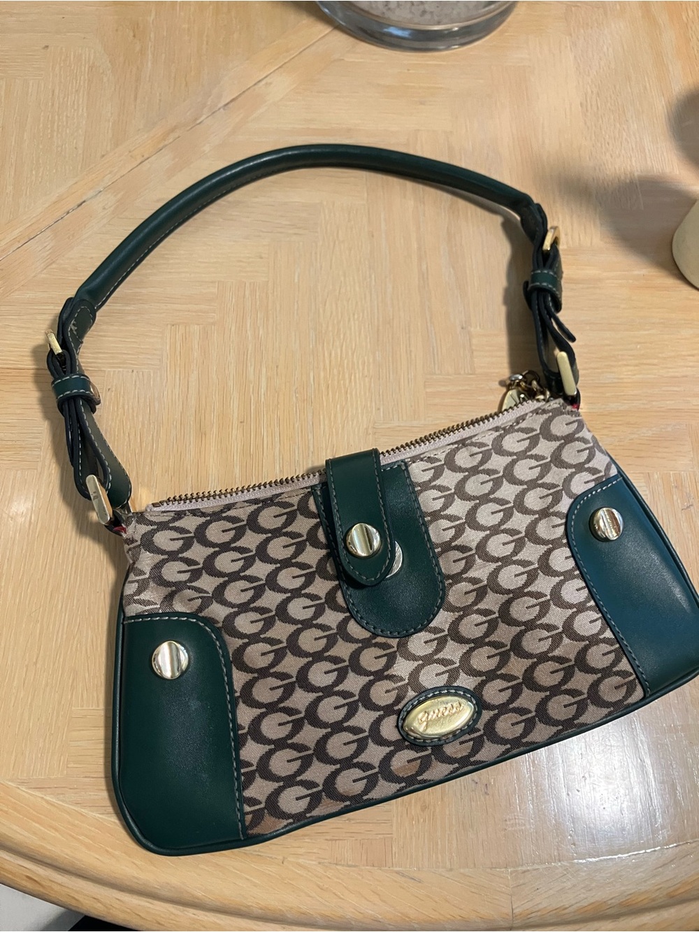 Guess Brown Monogram Shoulder Bag with Green Trim